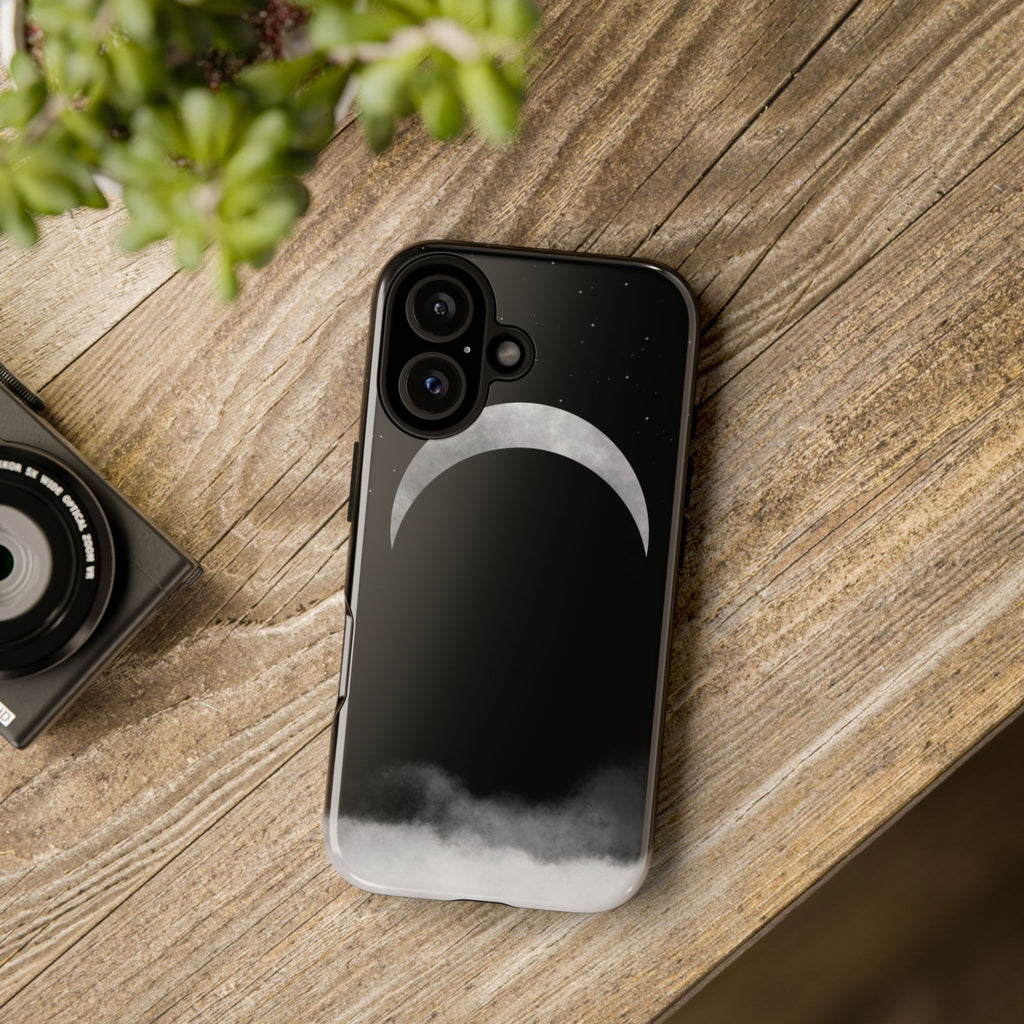 Lunar Crescent Tough Phone Case — Black Moon & Fog Protective Cover