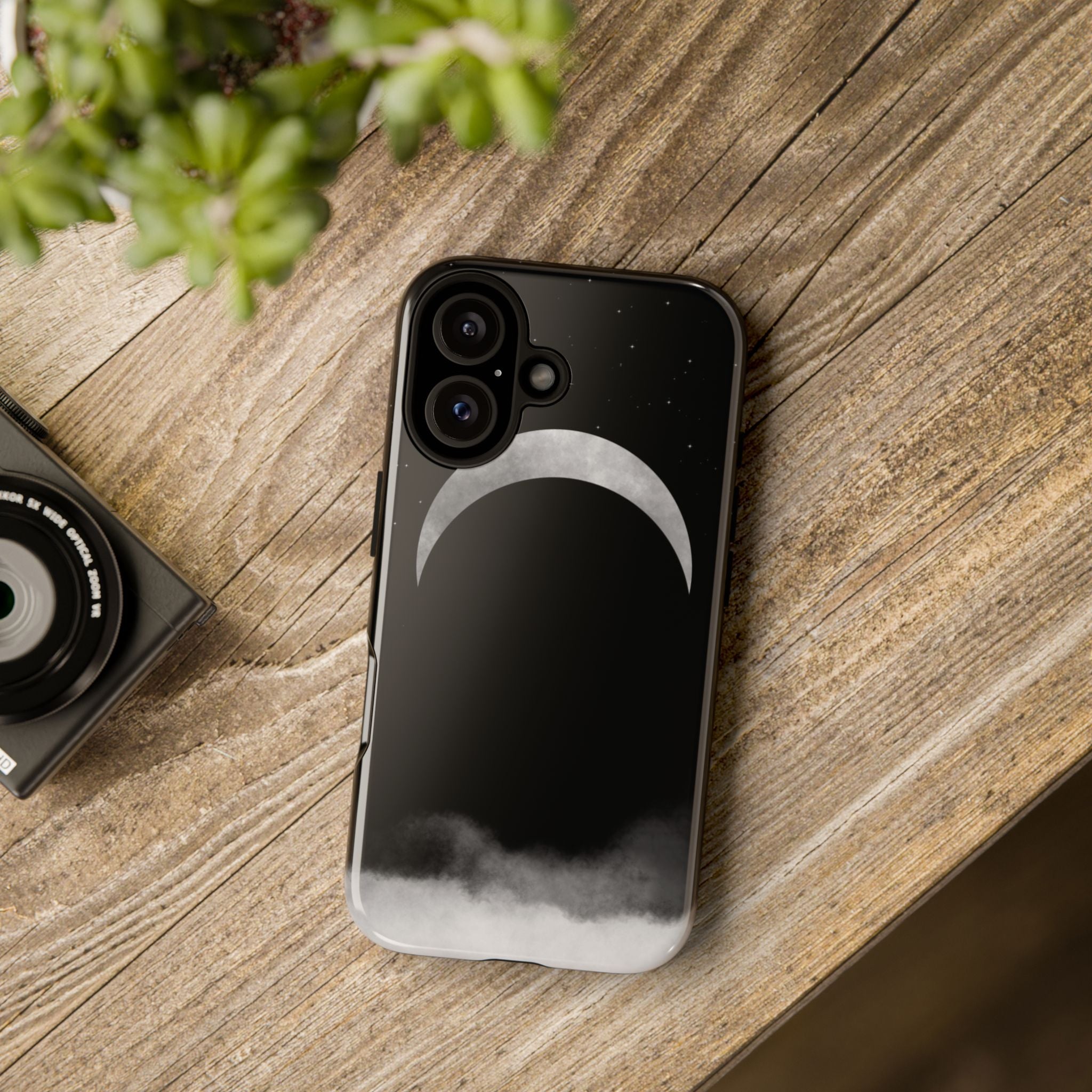 Lunar Crescent Tough Phone Case — Black Moon & Fog Protective Cover