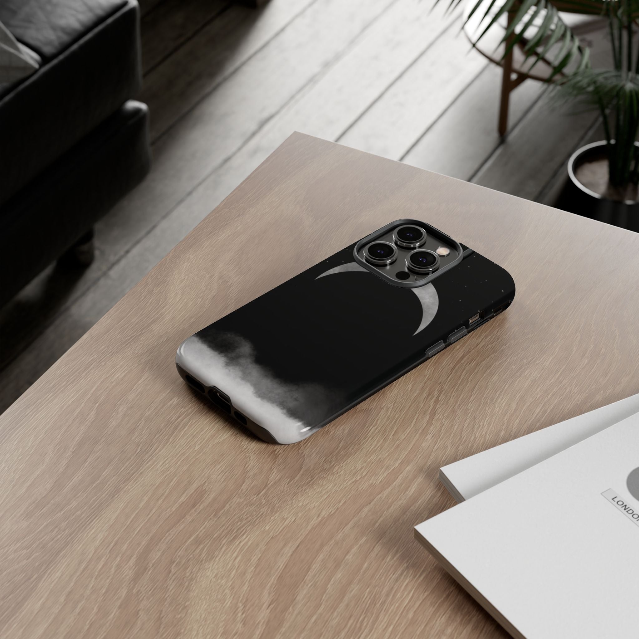 Lunar Crescent Tough Phone Case — Black Moon & Fog Protective Cover