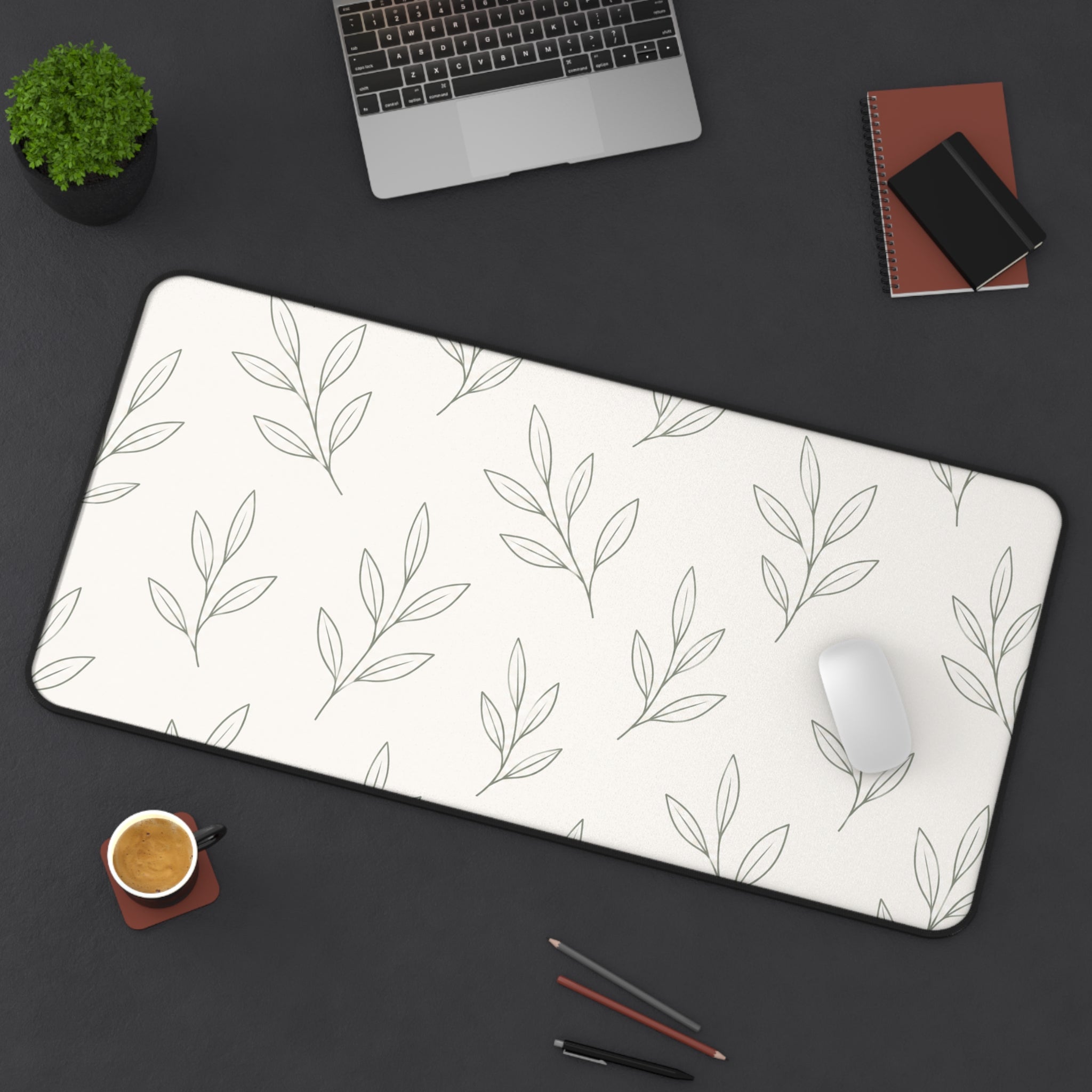 Minimal Botanical Desk Mat — Neutral Leaf Pattern Mouse Pad