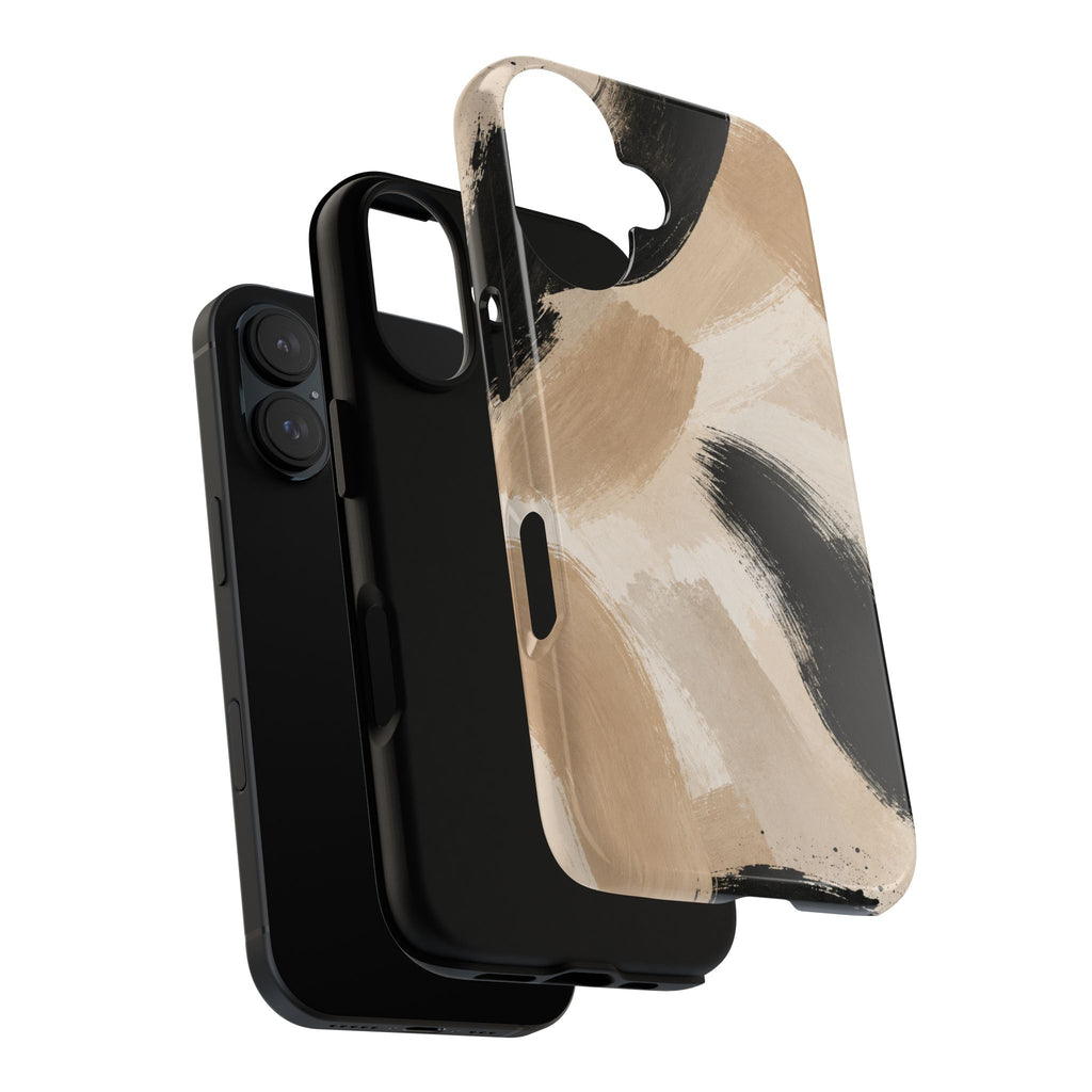 Neutral Brushstroke Tough Phone Case — Abstract Beige & Black Protective Cover