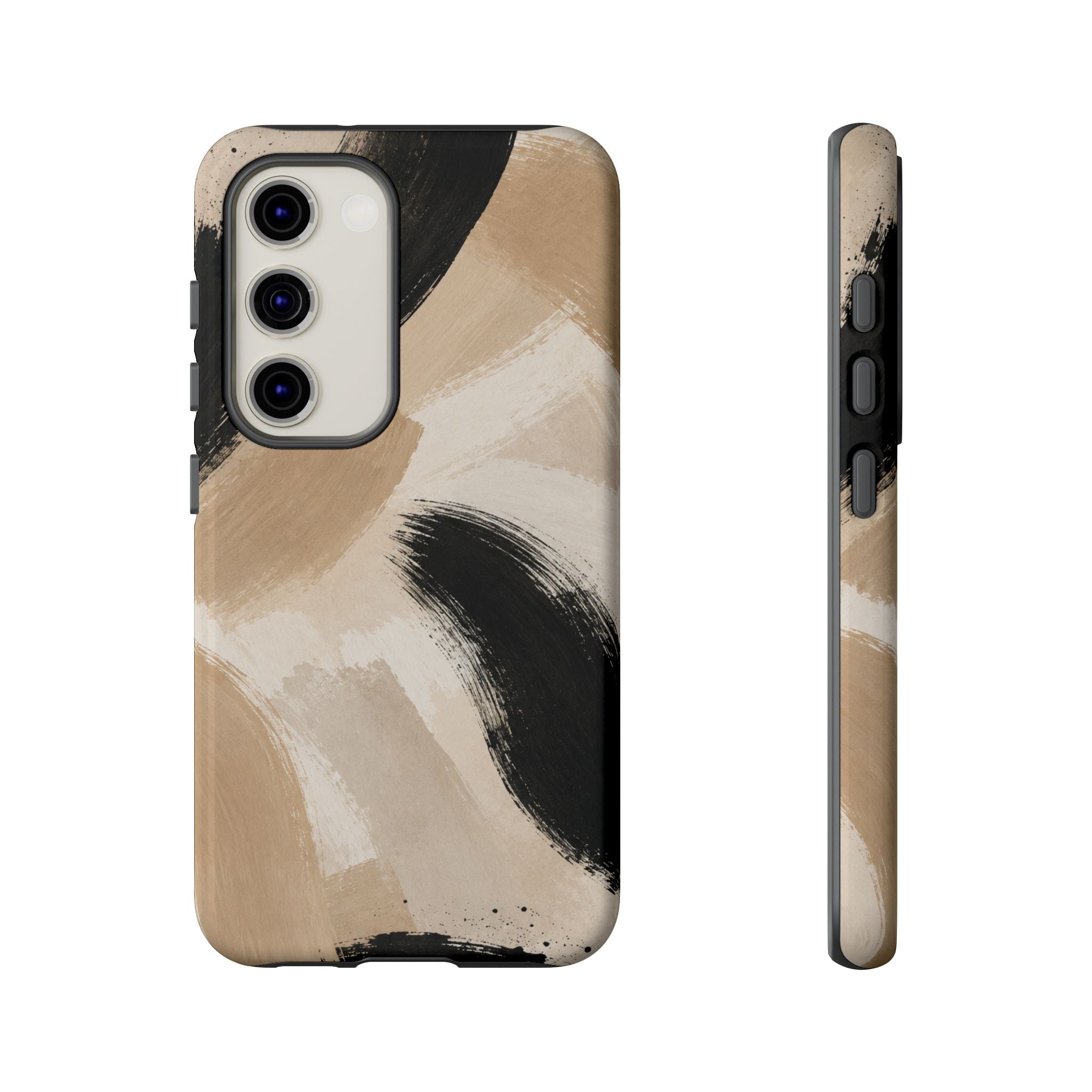 Neutral Brushstroke Tough Phone Case — Abstract Beige & Black Protective Cover