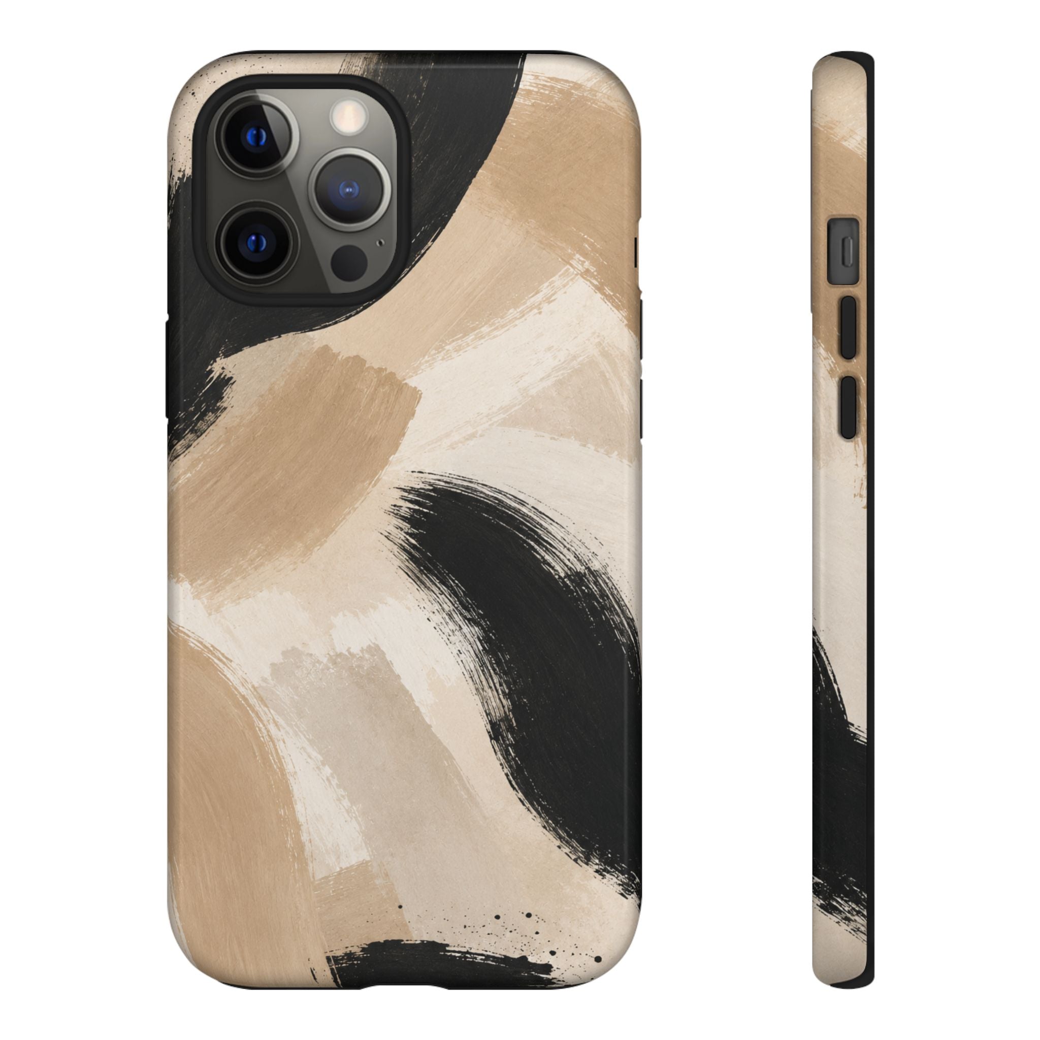 Neutral Brushstroke Tough Phone Case — Abstract Beige & Black Protective Cover