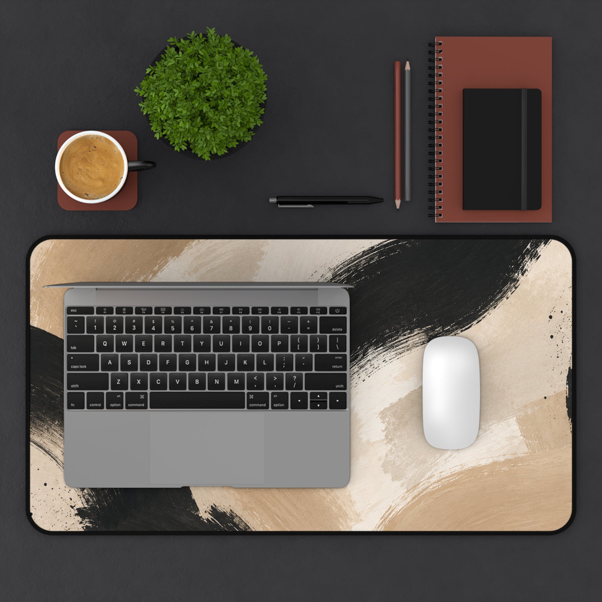 Neutral Abstract Brushstroke Desk Mat — Beige & Black Office Desk Pad