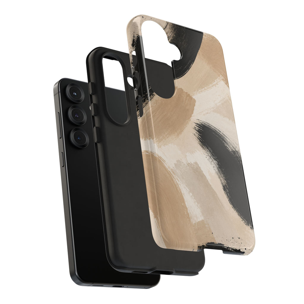 Neutral Brushstroke Tough Phone Case — Abstract Beige & Black Protective Cover